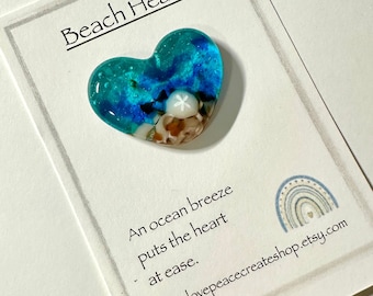 Beach heart /Fused glass pocket beach heart /pocket hug /glass heart/ heart of the ocean/ jellyfish /sand dollar