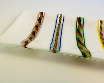 Fused glass rainbow striped tray/ glass dish / fused dish / glass platter /rainbow stripes