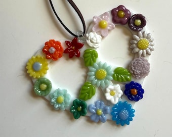 Fused Glass Peace Love Heart Suncatcher with Handmade Flowers