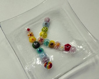 Glass fused mini dish with Initial made of glass flowers