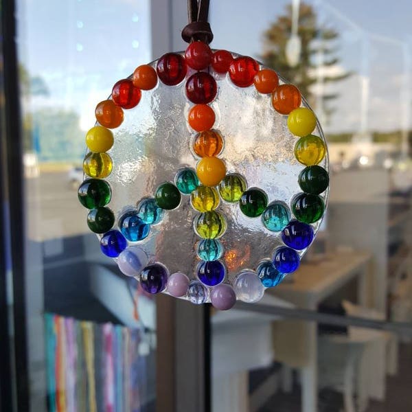 Fused glass peace sign, Suncatcher, rainbow, dots, multi colored dots