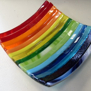 Colorful Fun Fused Glass rainbow striped Sushi style dish/bowl