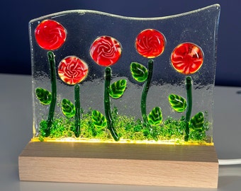 Fused glass flower light/ Art pedestal light / light/ glass light panel /glass LED light/ nightlight/ red roses