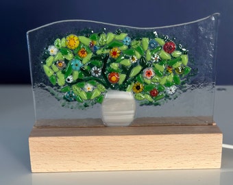 Fused glass Spring blossoms/flower vase/ Art pedestal light /spring light, glass  light panel /glass LED light/ nightlight