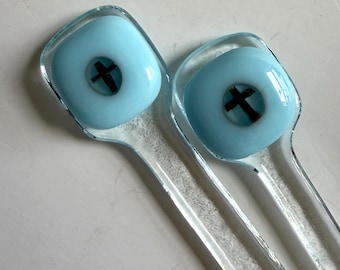 Fused Glass Swizzle Sticks, Light blue/ Brown Cross Stirrers, Set of 2