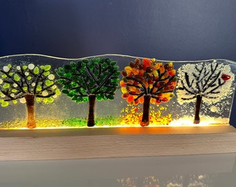 Fused glass 4 seasons Art pedestal light / Tree light, glass trees, glass LED light/ 4 seasons trees