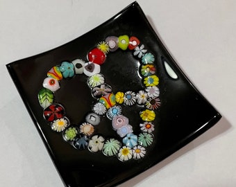 Fused glass peace love heart/ heart / multi color /rainbow mini dish murrini /millefiori