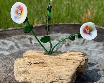 Fused Glass Flower Garden on Driftwood - white/rainbow flowers Handmade Decor