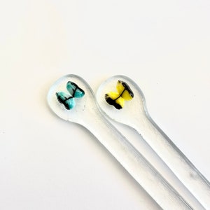 Fused glass swizzle sticks, set of 2 cocktail stirrers, glass drink stirrers, glass java sticks, coffee stirrers, fused glass butterfly stir