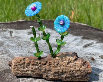 Fused Glass Flower Garden on Driftwood - turquoise blue/purple flowers Handmade Decor