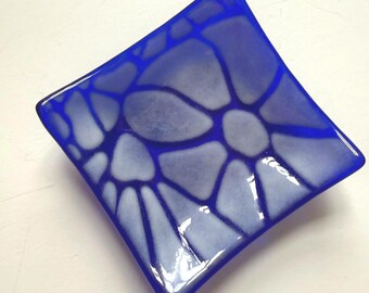 Retro Daisy fused glass mini dish, cobalt blue glass