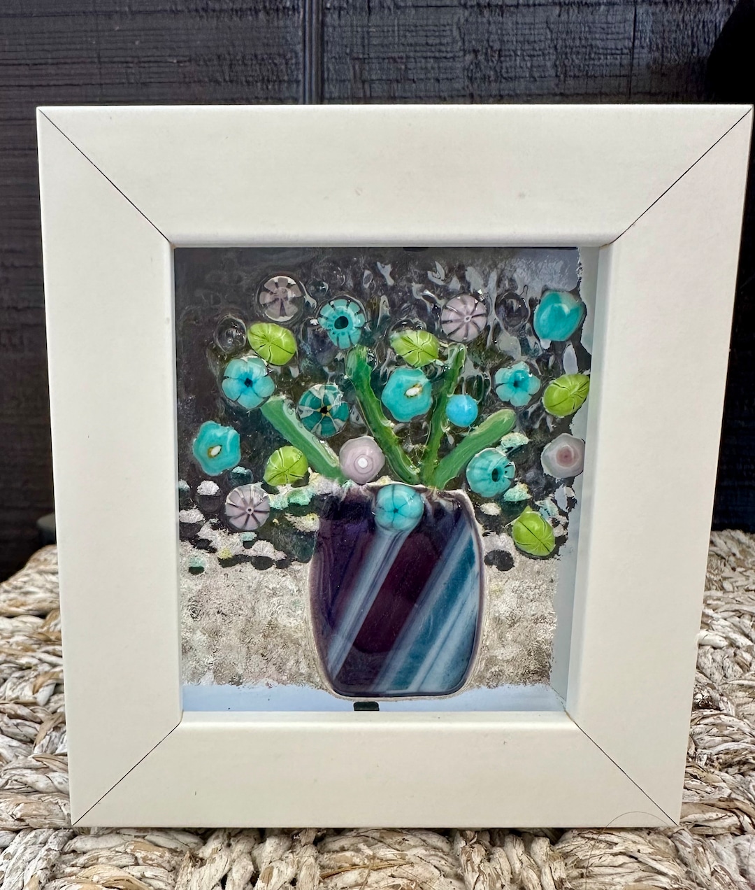 Fused Glass Flower Vase Art/floral Framed Art / Glass Murrini/fused