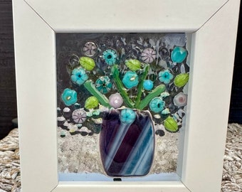 Fused glass flower vase art/floral  framed art / glass murrini/fused glass framed art/ glass bouquet