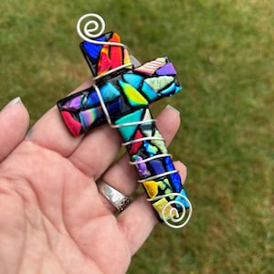 Fused glass wire wrapped dichroic cross ornament