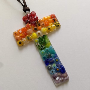 Fused glass millefiori/ murrini flowers cross sun catcher/ cross /glass cross