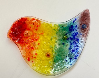 Fused Glass Bird Dish, Rainbow Trinket Plate