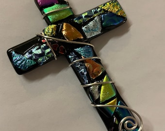 Fused glass wire wrapped dichroic cross ornament