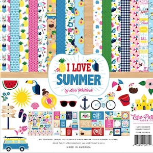 May include: A scrapbook paper kit with a summer theme. The kit includes 12 double-sided papers and 1 element sticker. The papers feature a variety of summer-themed designs, including pineapples, toucans, watermelon, seashells, and beach umbrellas. The kit is made in America. The text on the packaging reads "I Love Summer by Lori Whitlock".