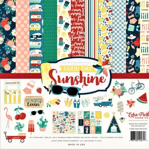 May include: Good Day Sunshine paper crafting kit by Echo Park Paper Co. includes 12 double-sided 12x12 inch papers, 1 element sticker sheet, and a cover sheet. The kit features a summer theme with bright colors, patterns, and illustrations of lemons, watermelon, ice cream, and camping.