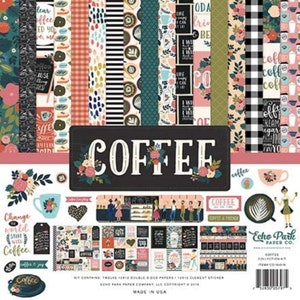 May include: A coffee themed paper crafting kit with twelve double-sided papers, 12x12 inches, and a sheet of element stickers. The kit includes a variety of patterns and designs, including coffee cups, coffee beans, and floral motifs. The kit is made in the USA.  The text on the packaging reads "Coffee" and "Change the world, start with coffee."
