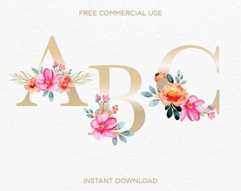 Può includere: Lettere dorate A, B e C con fiori rosa e arancioni ad acquerello e foglie verdi.