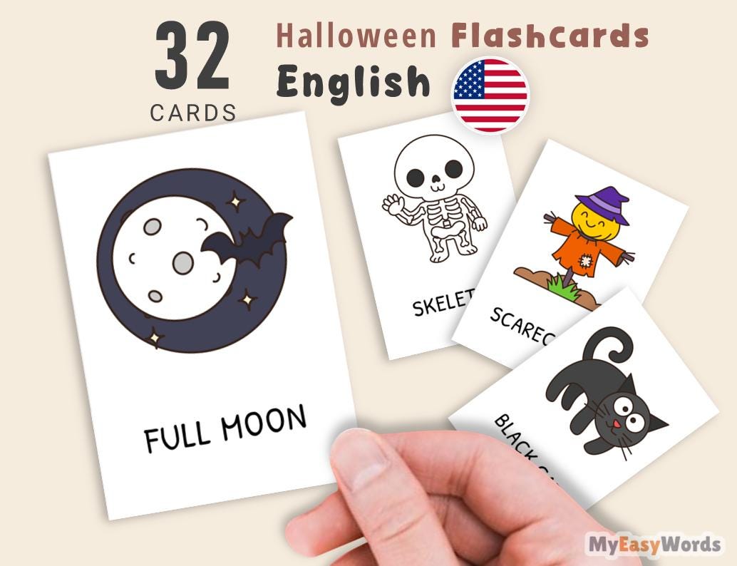 Halloween Flashcards, Printable Vocabulary Cards for Kids and Toddlers ...