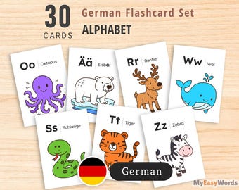 Deutsches Tieralphabet Flashcards – ABC A-Z Lernkarten für Kinder | Montessori, Vorschule & Grundschule, PDF zum Ausdrucken