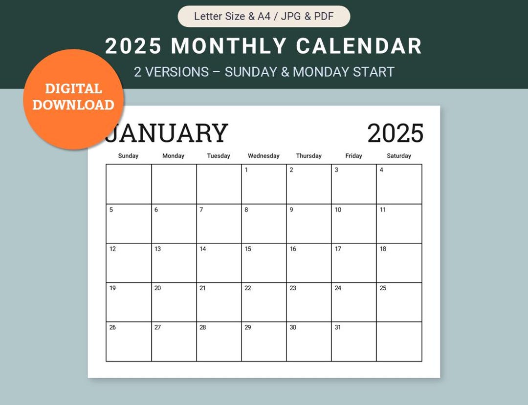 2025 Monthly Calendar Printable Calendar PDF Letter Size A4