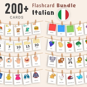 Peut inclure: Ensemble de cartes flash italiennes, illustrées et colorées, suspendues par des pinces à linge. Les cartes présentent des thèmes variés : chiffres, couleurs, animaux. Le texte "200+ Cartes" et "Flashcard Bundle Italien" est également visible.