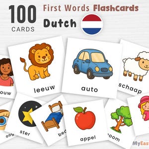 Op de afbeelding: Een set van 100 Nederlandse eerste woord flashcards. Elke kaart heeft een kleurrijke illustratie en het bijbehorende Nederlandse woord. De kaarten tonen een leeuw, auto, schaap en appel. De tekst "First Words Flashcards" staat bovenaan.