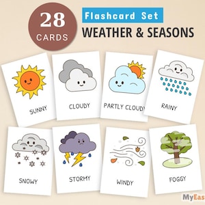 28 cartes météo, cartes mémoire de saison, cartes mémoire Montessori, cartes préscolaire, cartes éducatives imprimables, jeu d'association de mots météo