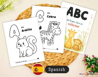 Spanish Animal Alphabet Coloring Book, ABC A–Z with Ñ Printable Pages for Kids, Toddler & Preschool Educational PDF