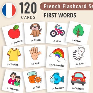 Printable French First Words Flashcards , Baby and Toddlers First Words, Montessori cards, Flash cards for Kids, Learn French, Picture Cards