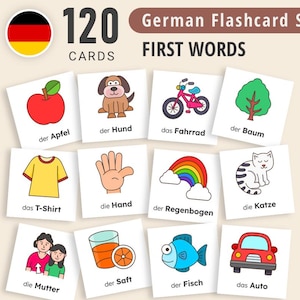 Premiers mots allemands imprimables, premiers mots allemands pour bébés et tout-petits, préscolaire et école à la maison, cartes mnémotechniques Montessori