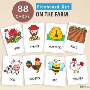 Flashcards imprimíveis sobre a fazenda, Flashcards sobre animais da fazenda, Materiais de aprendizagem pré-escolar, Cartões educativos para crianças pequenas, Materiais Montessori