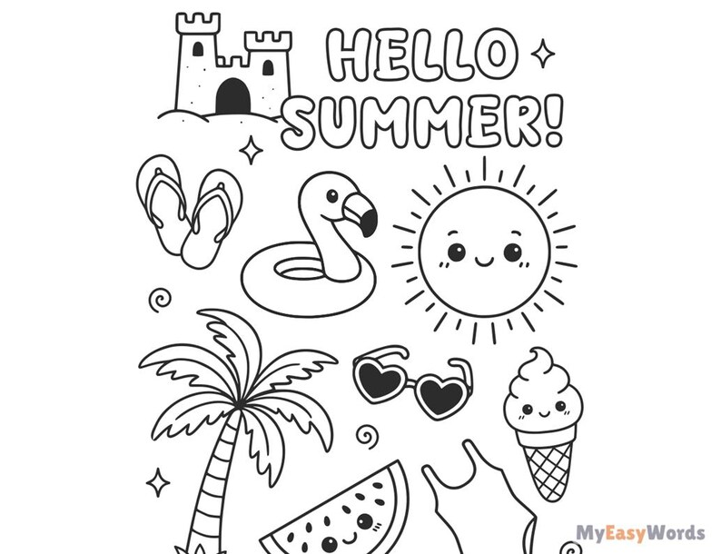 Summer Coloring Page for Kids Printable Activity Sheet Beach, Ice