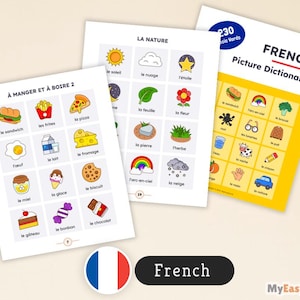 May include: Three educational French picture dictionaries. The pages display colorful illustrations with French vocabulary words. The titles include "À MANGER ET À BOIRE 2", "LA NATURE", and "FRENCH Picture Dictionary". The French flag and the word "French" are also visible.