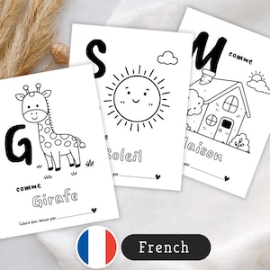 Peut inclure: Trois feuilles de coloriage blanches avec des illustrations en lignes noires. Une page montre une girafe avec la lettre G et le texte Girafe. Une autre montre un soleil avec la lettre S et le texte Soleil. La troisième montre une maison avec la lettre M et le texte Maison.