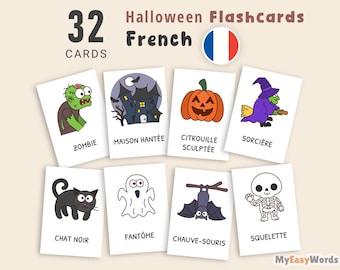 Flashcards d'Halloween en français, cartes Montessori imprimables pour enfants et tout-petits, Flashcards PDF imprimables, enseignement préscolaire et FLE