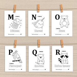 Peut inclure: Six cartes blanches avec des illustrations noires d'animaux et les lettres M, N, O, P, Q et R. Chaque carte est maintenue par une pince &agrave; linge en bois. Les cartes pr&eacute;sentent une m&eacute;duse, un narval, un ours, un perroquet, un quokka et un raton laveur.