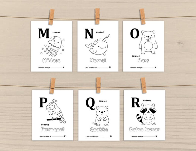 Peut inclure: Six cartes blanches avec des illustrations noires d'animaux et les lettres M, N, O, P, Q et R. Chaque carte est maintenue par une pince &agrave; linge en bois. Les cartes pr&eacute;sentent une m&eacute;duse, un narval, un ours, un perroquet, un quokka et un raton laveur.