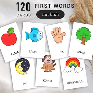 Könnte beinhalten: Ein Set von 120 Karten zum Erlernen der ersten Wörter auf Türkisch. Jede Karte zeigt eine farbenfrohe Illustration und das türkische Wort. Die Karten zeigen Bilder von einem Apfel, Fisch, Hand, Baum, Mond, Hund und Regenbogen.
