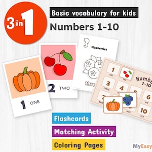 Flashcards numériques | Fruits et légumes | Cartes de nombres 1-10 | Coloriages | Activité correspondante | Cartes flash Montessori pour enfants d'âge préscolaire