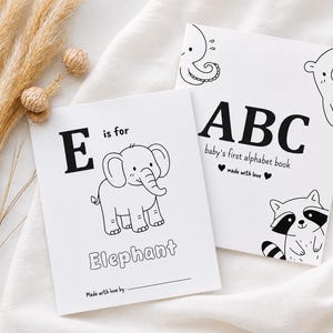 Può includere: Due libretti in carta bianca con illustrazioni a linee nere. Una copertina presenta il testo E is for Elephant con un disegno di elefante. L'altra mostra ABC baby's first alphabet book con disegni di un polpo, un orso e un procione.