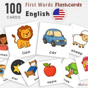 Può includere: Un set di 100 flashcard di prime parole in inglese. Ogni carta presenta un'illustrazione colorata e la parola corrispondente. Le carte includono immagini di un leone, un'auto, una pecora, una mela e una bambola. Il testo "First Words Flashcards".