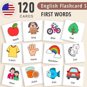 印刷可能な最初の単語のフラッシュカード、赤ちゃんと幼児の最初の単語、モンテッソーリカード、子供向けのフラッシュカード、ホームスクール教材、絵カード
