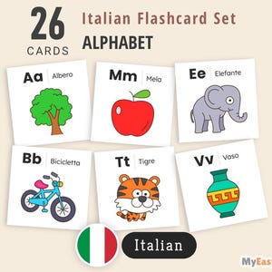 May include: A set of 26 Italian alphabet flashcards. Each card features a letter with a corresponding image and word. The images include a tree, apple, elephant, bicycle, tiger, and vase. The set is labeled "Italian Flashcard Set ALPHABET".