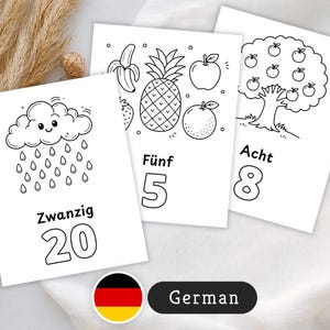 Könnte beinhalten: Drei weiße Karten mit schwarzen Strichzeichnungen einer Wolke mit Regen, Früchten und einem Baum mit Äpfeln. Die Karten tragen die Zahlen 20, 5 und 8 sowie die deutschen Wörter "Zwanzig", "Fünf" und "Acht".