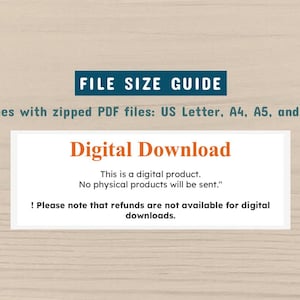 Peut inclure: Image d'un guide des tailles de fichiers avec le texte "FILE SIZE GUIDE" dans un rectangle bleu. Le texte "Comes with zipped PDF files: US Letter, A4, A5, and 5x7" est au-dessus d'un rectangle blanc avec les mots "Digital Download".