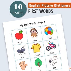 Premier mot pour les enfants, dictionnaire d'images premier mot de bébé, cartes-éclair premier mot pour tout-petits, dictionnaire d'images imprimable, apprentissage de l'anglais